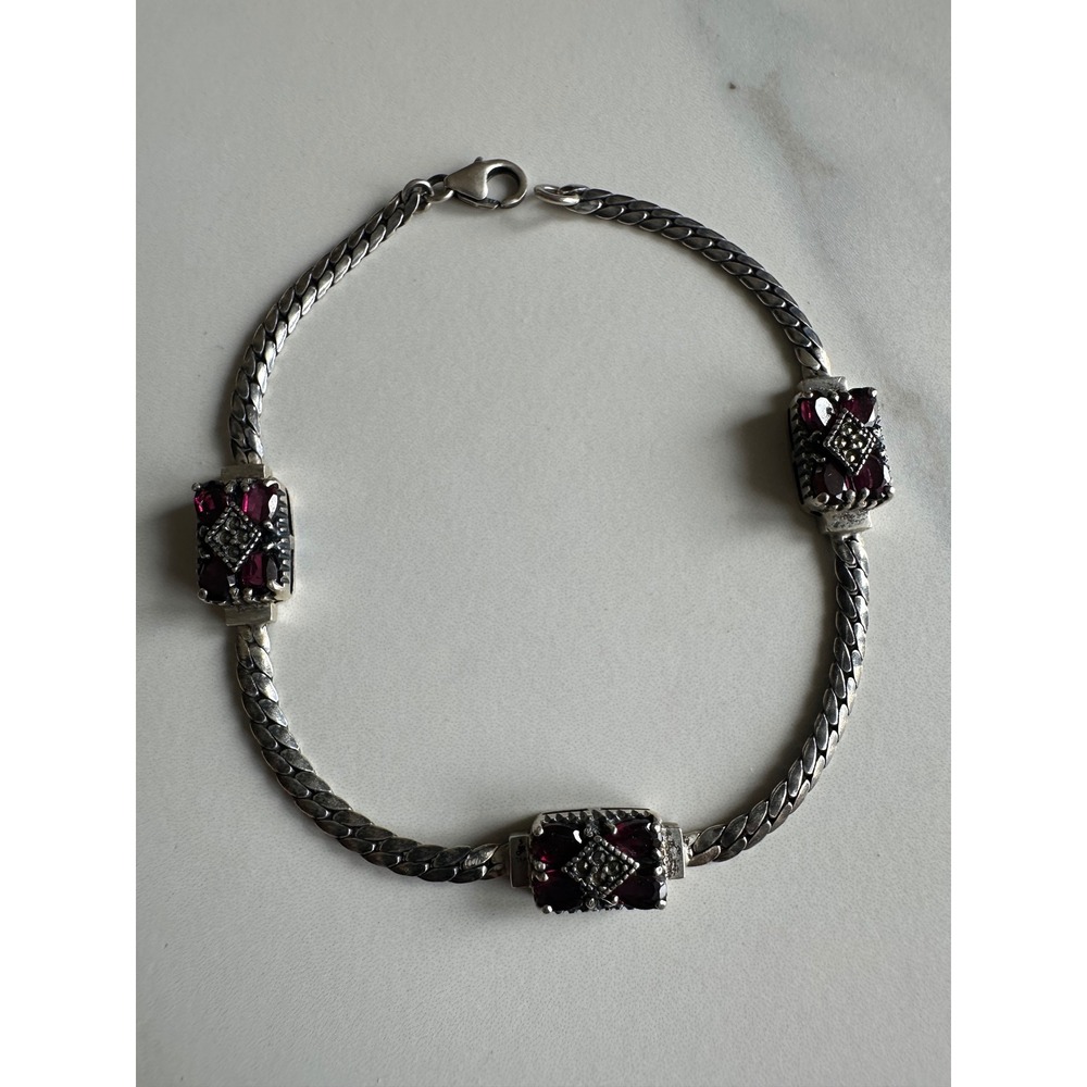 JC Sterling Silver 925 Garnet Marcasite Link Bracelet Vintage Gothic 7.25in